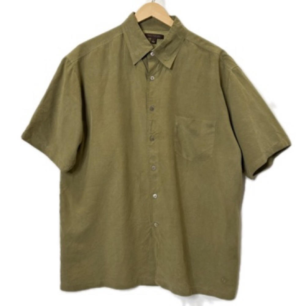 Saltaire Mens Tencel Linen Short Sleeve Button Down Shirt Size Large Pea Green